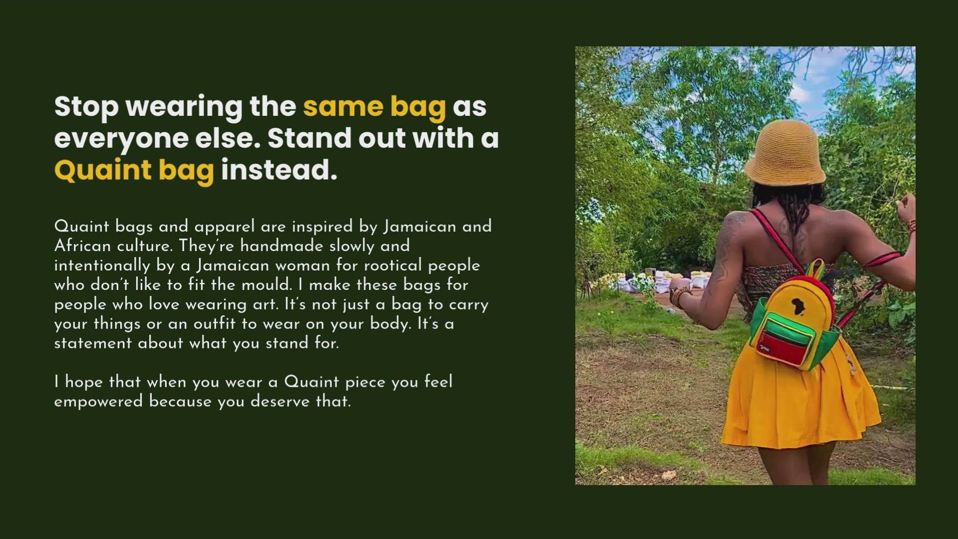 Load video: quaint bags, handmade bags, jamaican made bags, bags made in jamaica, rasta style bags, reggae style bags, jamaican style bags, reggae style outfits, handmade clothes, jamaican made clothes, jamaican designer clothes, jamaican fashion brand